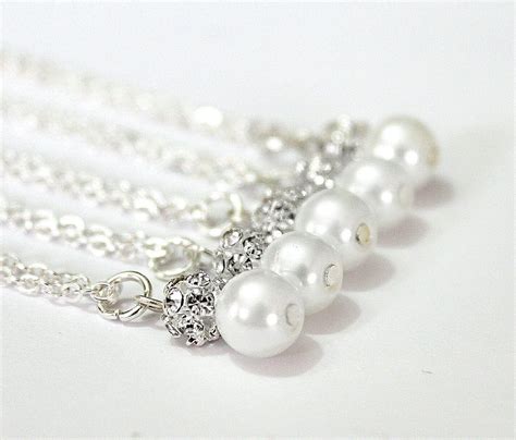 Set Of Bridesmaid Necklaces Sterling Silver Chain Pearl And