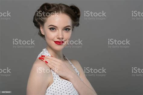 Pin Up Girl Vintage Beautiful Woman Pinup Style Portrait In Retro Dress And Makeup Manicure