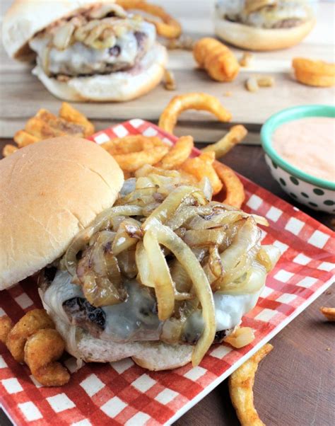 Caramelized Onion Swiss Burgers With Chipotle Mayo Food Dishes Main