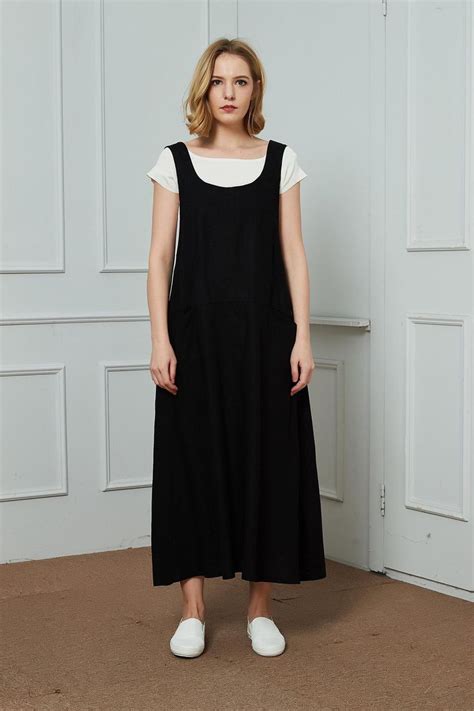 Pinafore Dress Black Linen Pinafore Dress Pinafore Dress Etsy In 2020 Womens Pinafore Dress