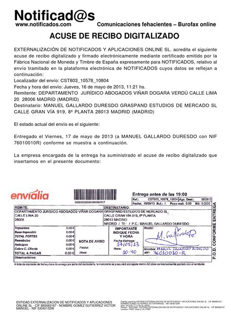 Ejemplo Acuse De Recibo De Burofax Postal Creado En Notificads By
