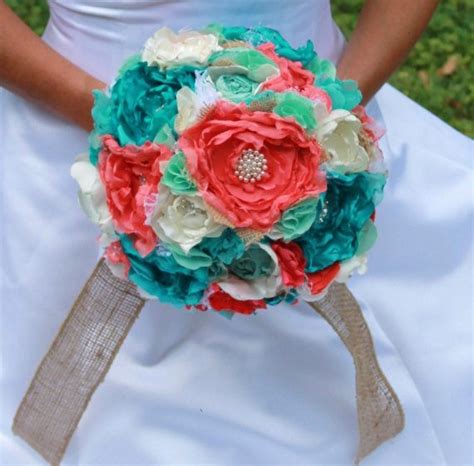 Wedding bouquets coral and teal ivory. Ivory, Coral, turquoise, mint and burlap romantic heirloom ...