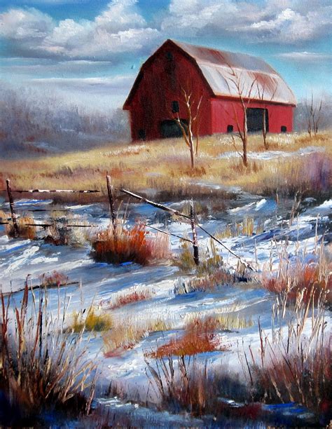Daily Painters Marketplace Michigan Red Barn In Snow Original Oil Painting