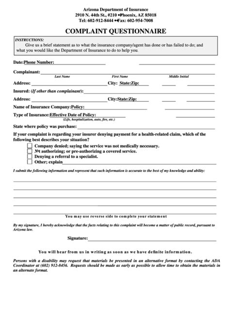 Results updated daily for state of arizona insurance Complaint Questionnaire Form - Arizona Department Of Insurance printable pdf download