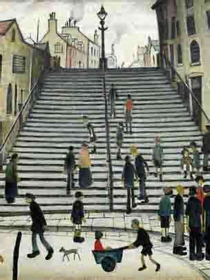 Lowry's oil paintings were originally impressionistic and dark in tone but d. L.S.Lowry, Lowry, original, Steps at Wick, painting