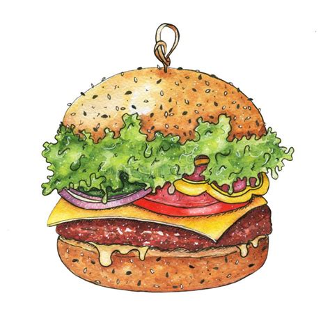 Sketch Of A Burger Painted With Watercolor On Paper On An Isolated