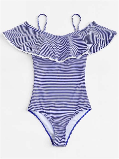 Striped Flounce Swimsuit -SheIn(Sheinside) in 2019 | Swimsuits, One piece swimsuit, Girls one ...