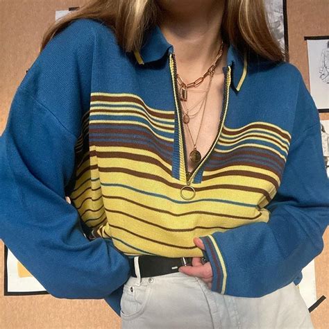 Itgirl Shop Aesthetic Clothing Vintage Blue Striped Zipper Polo