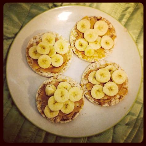 Peanut Butter And Banana On Rice Cakes Rice Cakes Food Peanut Butter