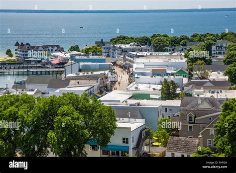 View From Fort Mackinac Of Downtown Main Street On Resort Island Of