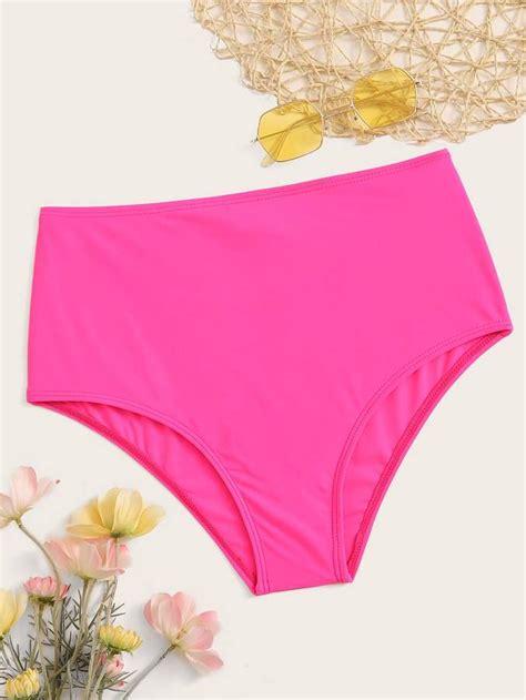 Neon Pink High Waisted Swimming Panty Ruched Bikini Bottoms Swimwear