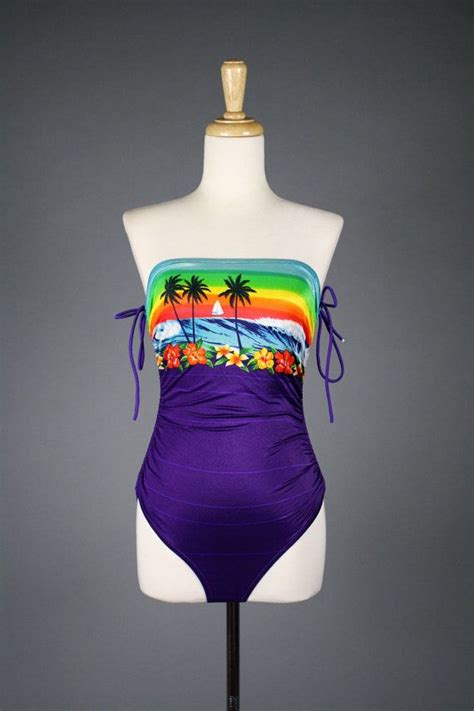 1970s Vintage Bathing Suit Floral Hawaiian Beach Scene Fun Etsy