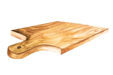 Watercolor Illustration Of Wooden Kitchen Cutting Board For Food Hand
