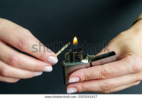 Burning Match Burning Gasoline Lighter Female Stock Photo 2203561617