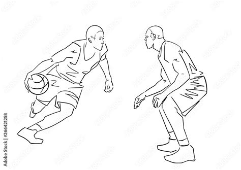 Two Basketball Players With A Ball Black Contour Isolated Silhouette