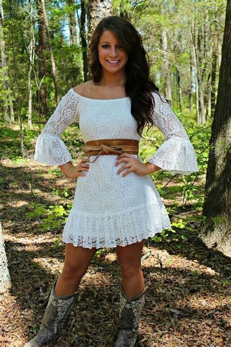 White Dress With Ruffled Trim Cowgirl Dresses Country Girls Outfits