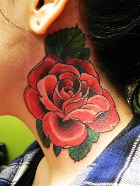 This rose tattoo features a single rose in full bloom, complete with stem and leaves. Most Attractive Small Rose Neck Tattoos For Men - Tattoo Ideas