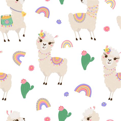 Premium Vector Seamless Pattern With Cute Llamas Rainbow And Cacti