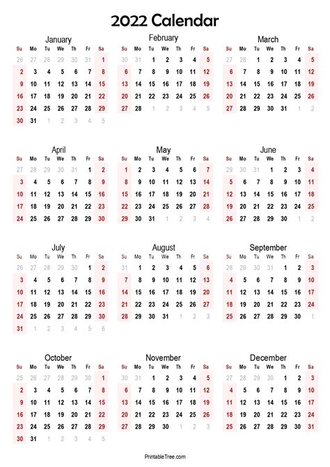 Yearly 2022 Printable Calendar One Page 2022 Holiday
