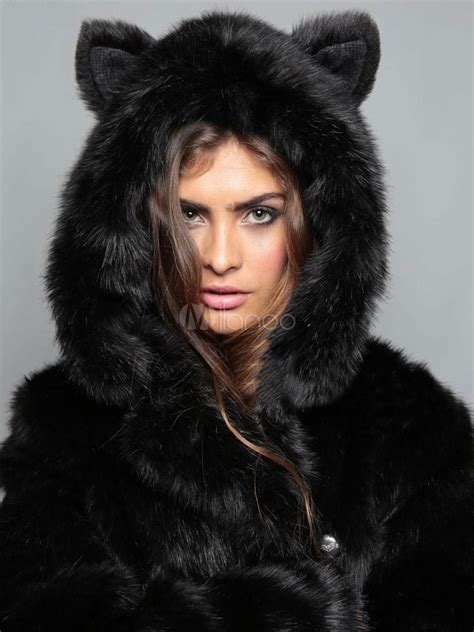 Hooded Winter Coat Cat Ears Oversized Faux Fur Coat For Women