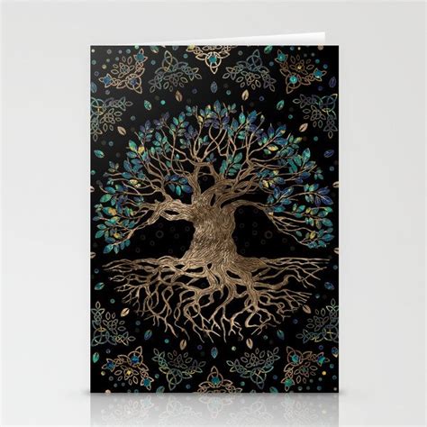 Tree Of Life Yggdrasil Golden And Marble Ornament Stationery Cards By