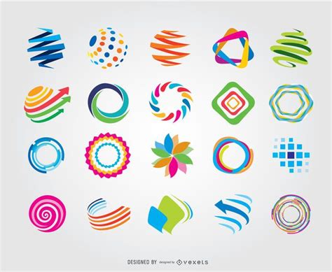 Set Of 20 Logo Icons Or Elements In Various Abstract Shapes And Colours