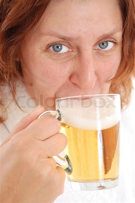 Mature Woman Drinking Beer Isolated Over White Stock Image Colourbox