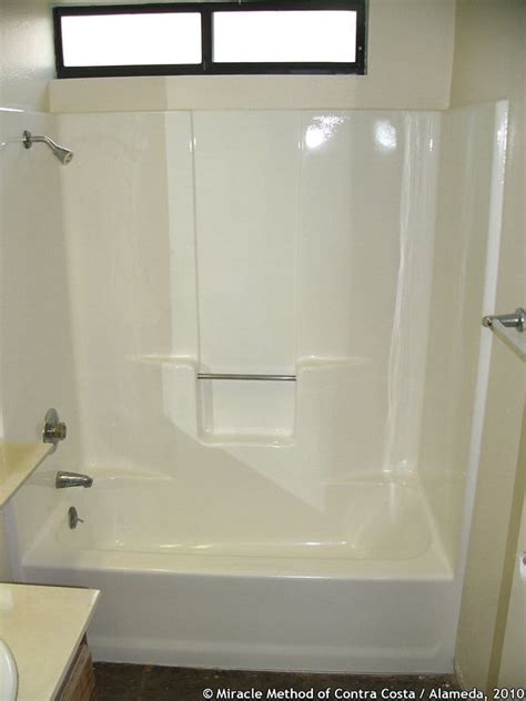 The miracle method, inside of a bathroom, will help restore any cracks or ships to restore a surface to look and feel like new again, saving the average consumer up to 75% in comparison to a total replacement. Fiberglass tub/shower unit in gloss white | Yelp