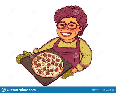 Illustration Of A Grandmother Or Mom Who Baked Homemade Pizza Happy Woman With Pizza Baking