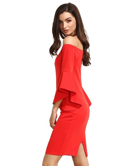 Womens Ruffle Off Shoulder Bell Sleeves Knee Length Bodycon Pencil Dresses Red Cb12kvirjoh