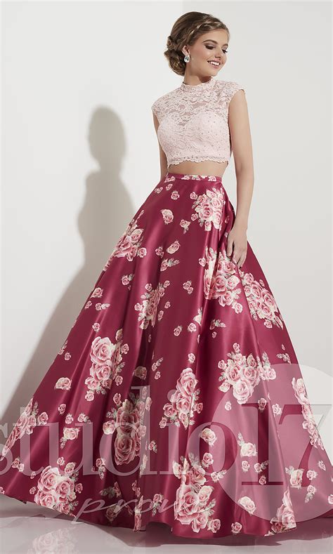 Rose Wine Pink Two Piece Print Prom Dress Promgirl