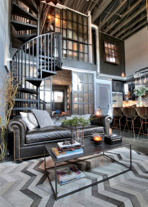 Gorgeous Industrial Style Living Room Decor With Black Leather Sofa