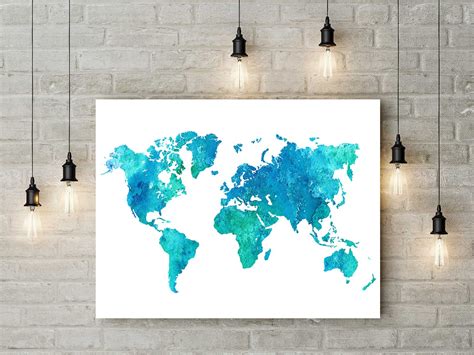 Watercolor World Map In Blue Wall Mural Watercolor World Map Etsy Images