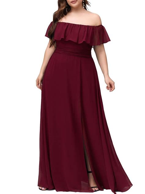 Womens Plus Size Off Shoulder Side Split Chiffon Maxi Dress 0968pz