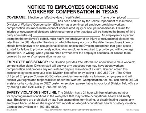 Texas Notice To Employees Concerning Workers Compensation In Texas