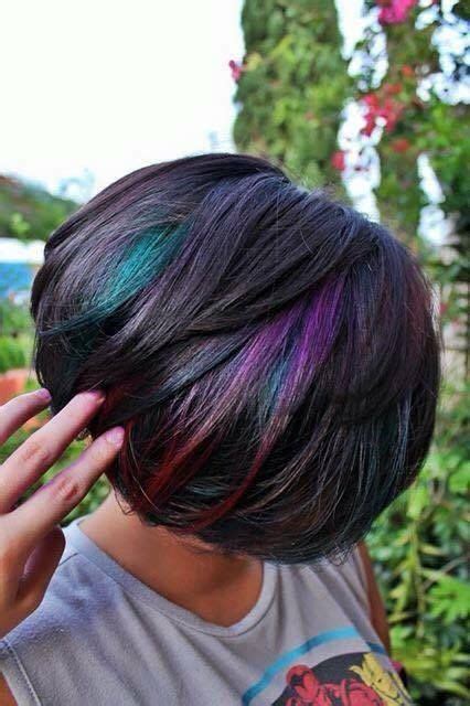 While regular highlights are there to emphasize your hair, peekaboo highlights are hidden under the top layer of your hair. Picture Of short layered hairstyle with colorful highlights