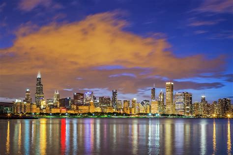 Chicago Downtown Skyline And Lake Michigan At Night Photograph By Kan