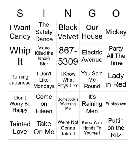80s One Hit Wonder Bingo Card