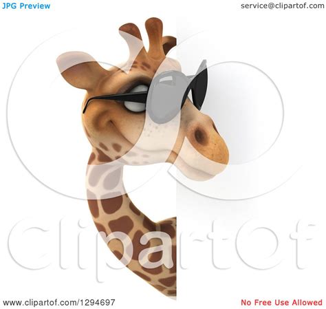 Clipart Of A 3d Giraffe Wearing Sunglasses And Looking Around A Sign Royalty Free Vector