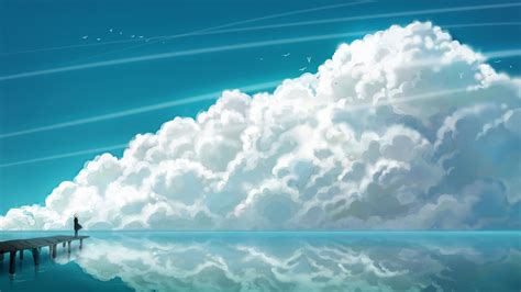 2048x1152 Anime Girl Sea Sky Clouds Landscape Art 4k 2048x1152