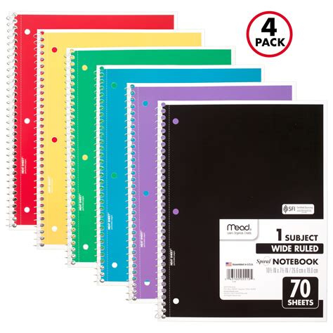 Mead Spiral Notebook 1 Subject Wide Ruled 70 Sheets 4 Pack 72873