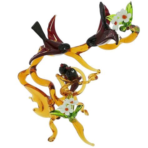 Murano Sculptures Murano Glass Birds On A Branch With Nest Red Glass Birds Murano Glass