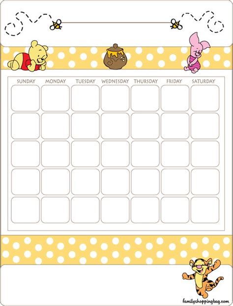 Winnie The Pooh Calendar With Polka Dot Border And Yellow Dots On It