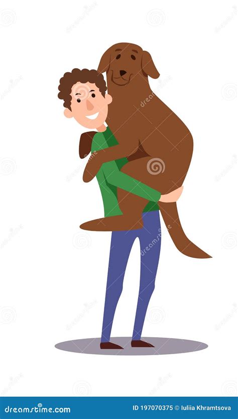 A Man Holds A Large Dog In His Arms The Character Hugs His Pet Vector
