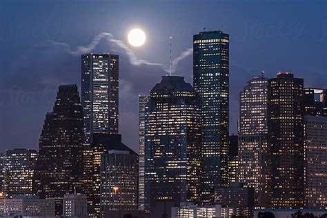 Full Moon And Office Lights Of Downtown Houston At Night