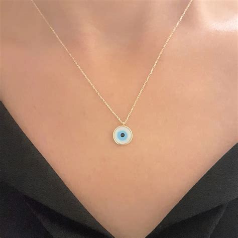 14K Real Solid Yellow Gold Evil Eye Mother Of Pearl Necklace For Women