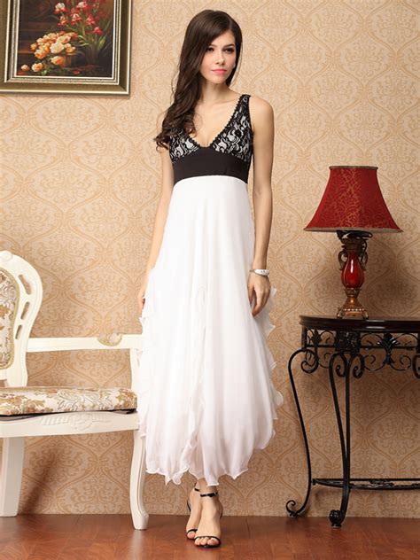 Deep V Neck Lace Scoop Neck Silk Womens Maxi Party Dress
