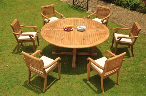 Teak Dining Set 6 Seater 7 Pc 72 Round Dining Table And 6 Arbor