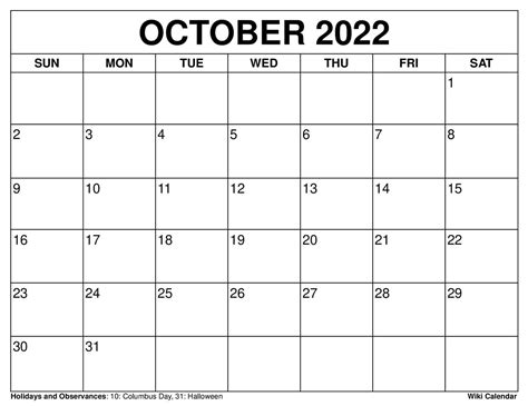 Top Free Printable October 2022 Calendar With Holidays Pdf Free Photos