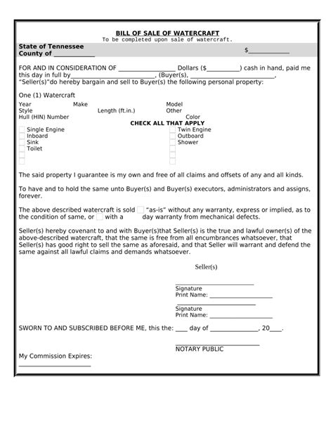Bill Of Sale For Watercraft Or Boat Tennessee Fill Out And Sign Online